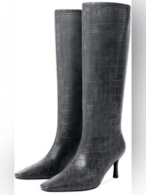 Charcoal Grey Knee High Boots Wide Calf Toe Kitten Low Heel Crocodile Boots